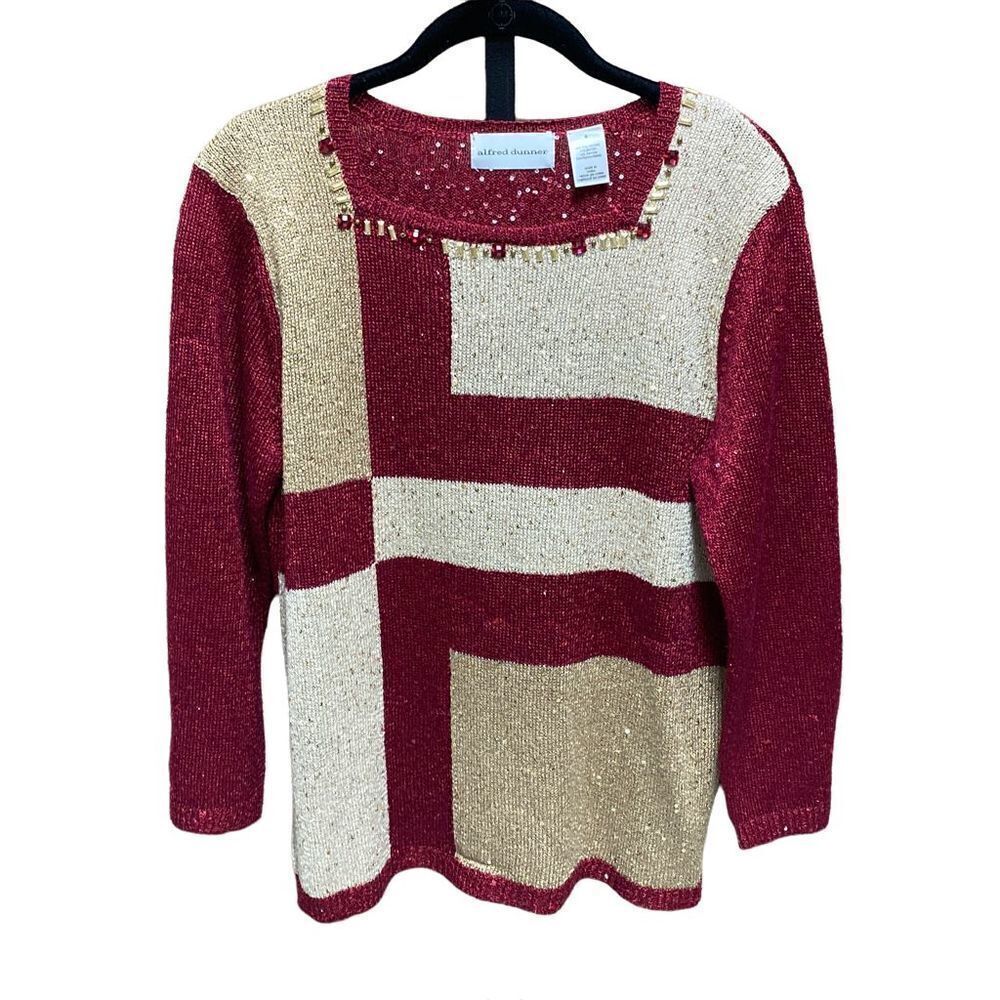 Alfred Dunner Burgundy & Gold Sparkle Sweater Size Small